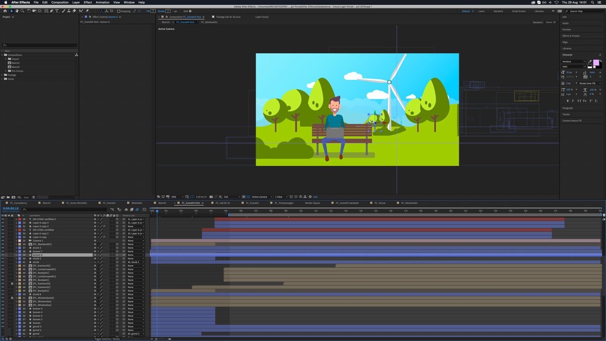 Interface van After effects met de tijdlijn van een video montage